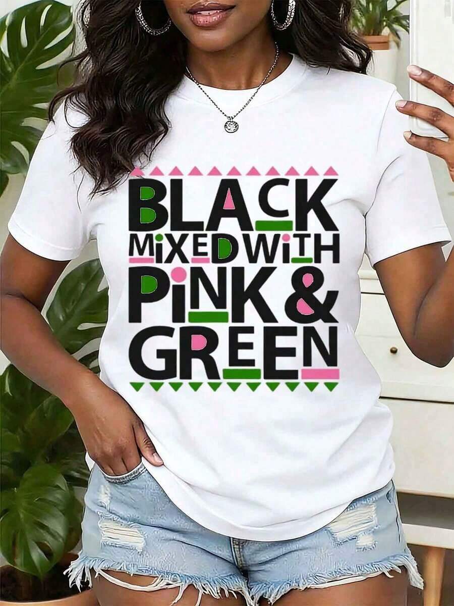 Women T Shirt Mixed With Pink And Green Print Round Neck Casual Wear Gift AKA Sorority  Graphic Tee,Graphic Tees Women Tops,Summer Tee,Casual T-Shirt,Vacation Outfits Women,A Youthful And Fashionable Design - trắng - Xem 1