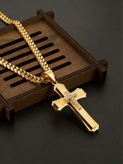 1件朋克风三层十字架吊坠项链，镶嵌闪亮立方氧化锆，男士街头个性派对礼品配饰