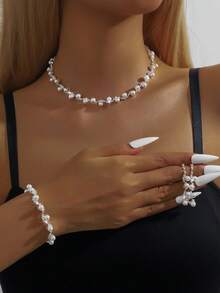 4件套优雅水钻仿珍珠首饰套装 - 包括项链、耳环、手链，适合新娘、婚礼、派对等场合。 - 白色 - 查看 7