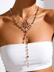 2 piezas Elegante collar de cadena de cristal de vidrio de colores hecho a mano, collar de gargantilla versátil de moda con colgante de sol, adecuado para uso diario y accesorios de joyería de playa de verano para citas - Dorado - Ver 1