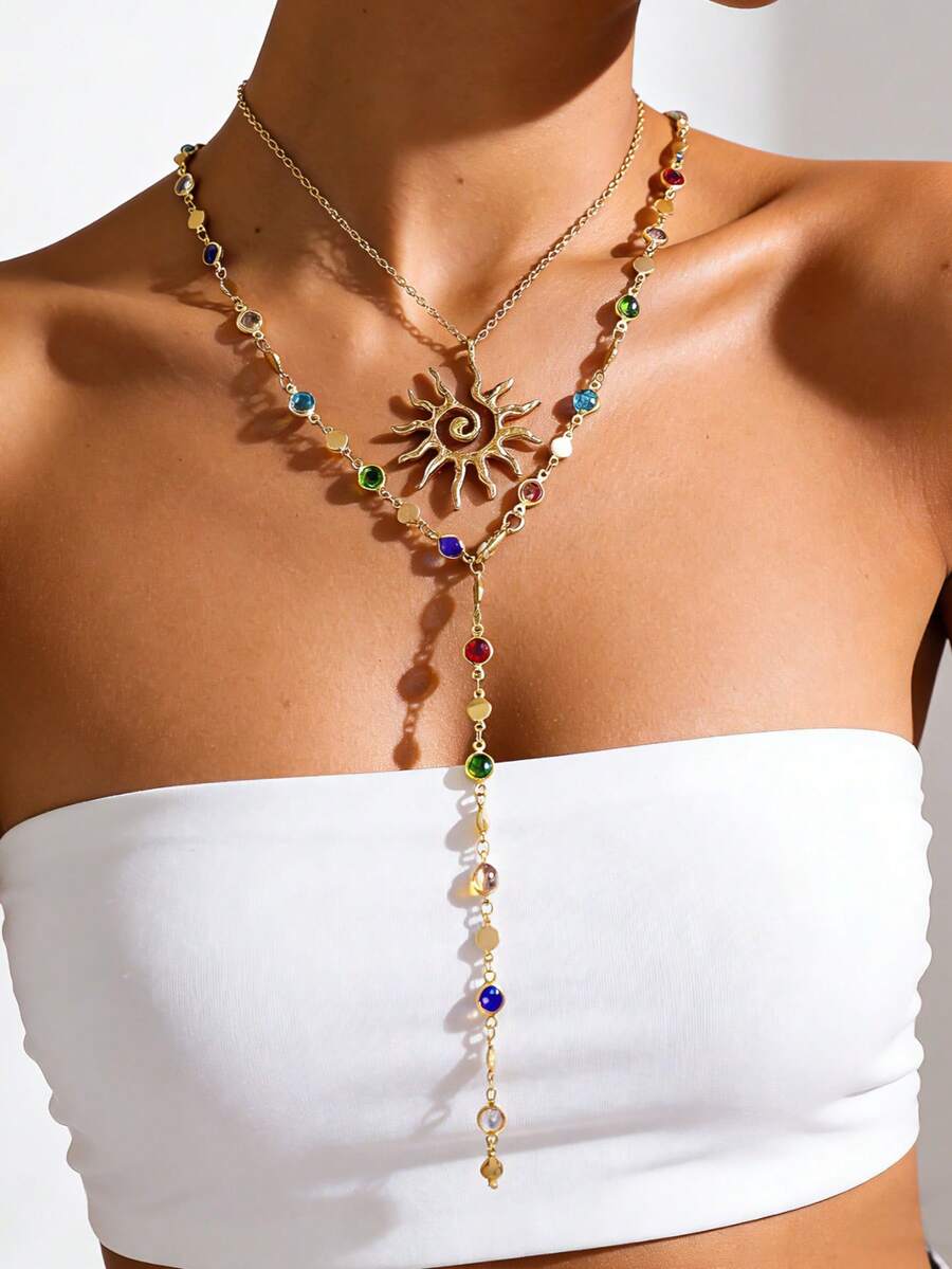 2 piezas Elegante collar de cadena de cristal de vidrio de colores hecho a mano, collar de gargantilla versátil de moda con colgante de sol, adecuado para uso diario y accesorios de joyería de playa de verano para citas - Dorado - Ver 1
