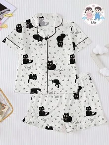 Conjunto de pijama casual para niña preadolescente, suave y amigable con la piel, con estampado lindo de gato negro, nuevo estilo infantil con top de manga corta y cuello tipo solapa, y shorts de cintura elástica holgada con dobladillo con volantes, estampado integral de gatitos negros y lazos, adecuado para uso diario de niñas preadolescentes y adolescentes - Blanco - Ver 11