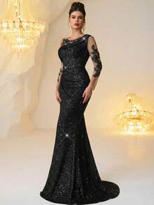 Vestido Elegante Preto Feminino de Cintura Alta Plissado e Ajustado com Decoração Floral 3D, Vestido Longo de Manga Longa com Fenda Elegante em Formato de Cauda de Sereia, Adequado para Ocasiões Formais, Galas, Traje de Convidado de Casamento, Cerimônias de Formatura, Jantares e Festas - Preto - Visão 4