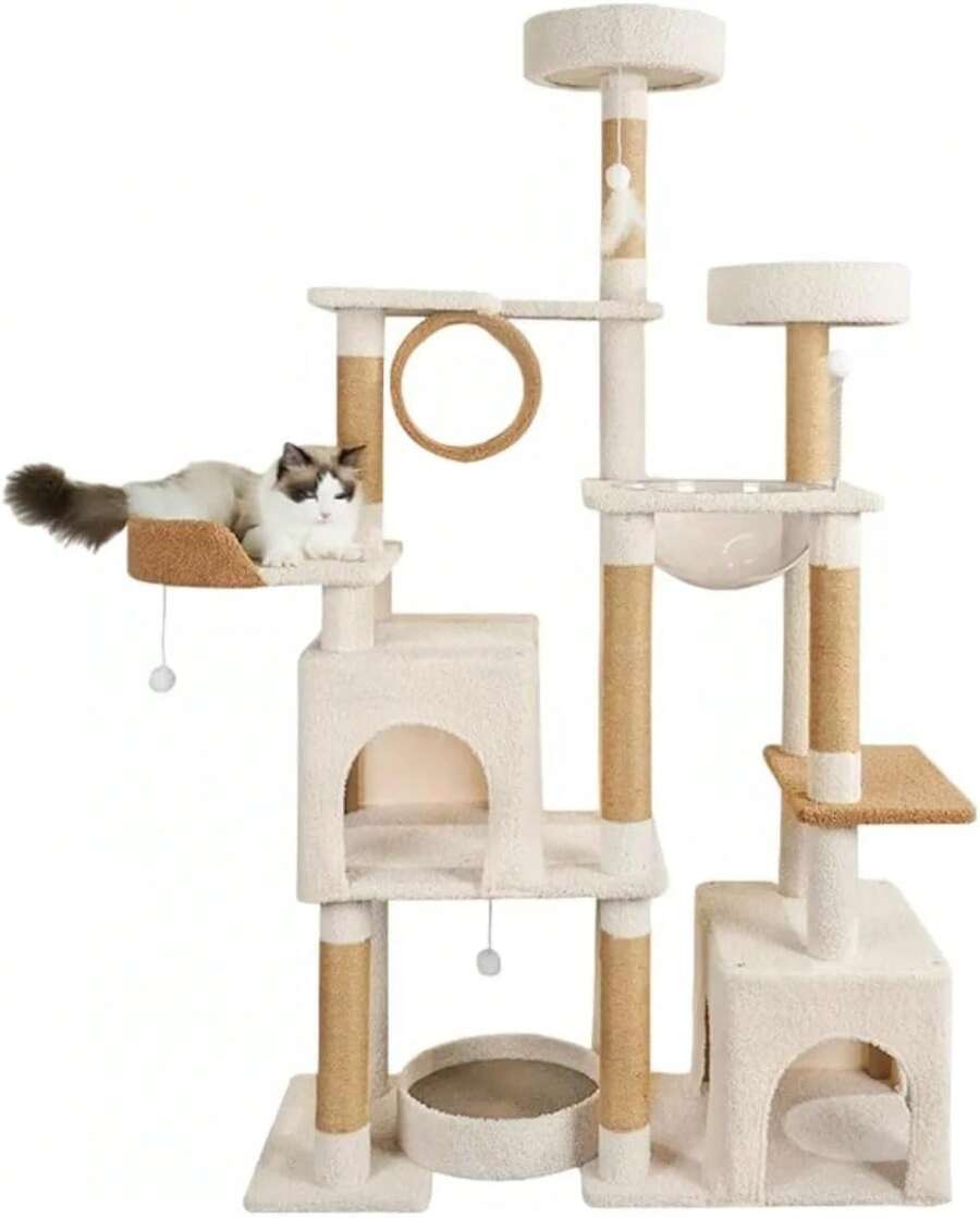 Multi-Level Cat Climbing Structure With 1-Meter House (Beige)