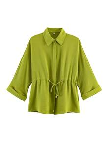 Women's Solid Color Casual Loose Turndown Collar Drawstring Top + Elastic Waist Relaxed Leg Pants Set, Summer Elegant - 橄欖綠 - 查看 8