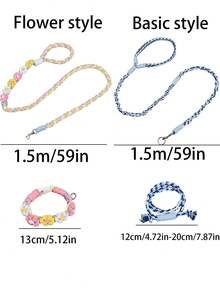 2Pcs Dog Leash & Collar Set, Cute Flower/Basic Style Braided Cotton Pet Leash With Matching Collar, 1.5m Long For Small Medium Dogs - Multicolor - View 2