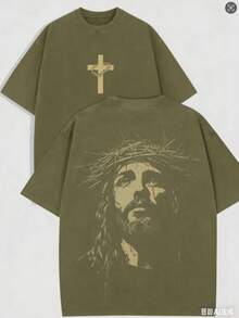 1 PCS Religious "Jesus With Crown Of Thorns" Graphic Tee: Featuring Distressed Vintage Finish, Front Cross Print Adorned With Crown Of Thorns,Men - 軍綠色 - 查看 9