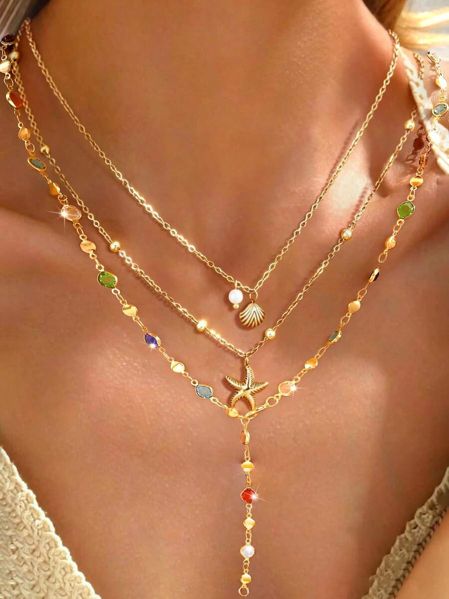 Bộ 3 dây chuyền nhiều lớp hình chữ Y, kiểu dáng tối giản, Bohemian, đính sao biển pha lê nhiều màu sắc và ngọc trai giả, thích hợp cho nữ giới, đi biển mùa hè, hẹn hò, làm quà tặng cho bạn gái/mẹ/vợ, đa năng khi đeo hàng ngày. - Vàng - Xem 1