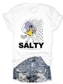 Plus Size Salty With Umbrella Graphic Tee - Vintage Style Summer Beachwear For Women, Perfect For Vacation And Everyday Wear, T-Shirt-Unisex, Suitable For Casual Daily Outings, Short-Sleeve Summer Top, Retro Y2K Patterned T-Shirt - 白色 - 查看 7