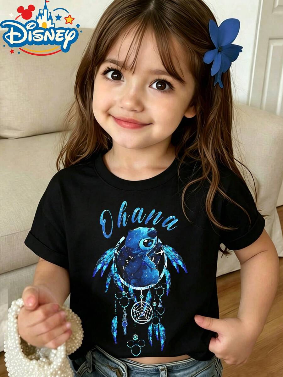 Official Authorization Disney Lilo & Stitch Ohana Dreamcatcher Print Kids T-Shirt, Girls Cute Cartoon Graphic Short Sleeve Tee, Summer Casual Tops For Daily Wear Theme Park, Children's Holiday Gift - 黑色 - 查看 1