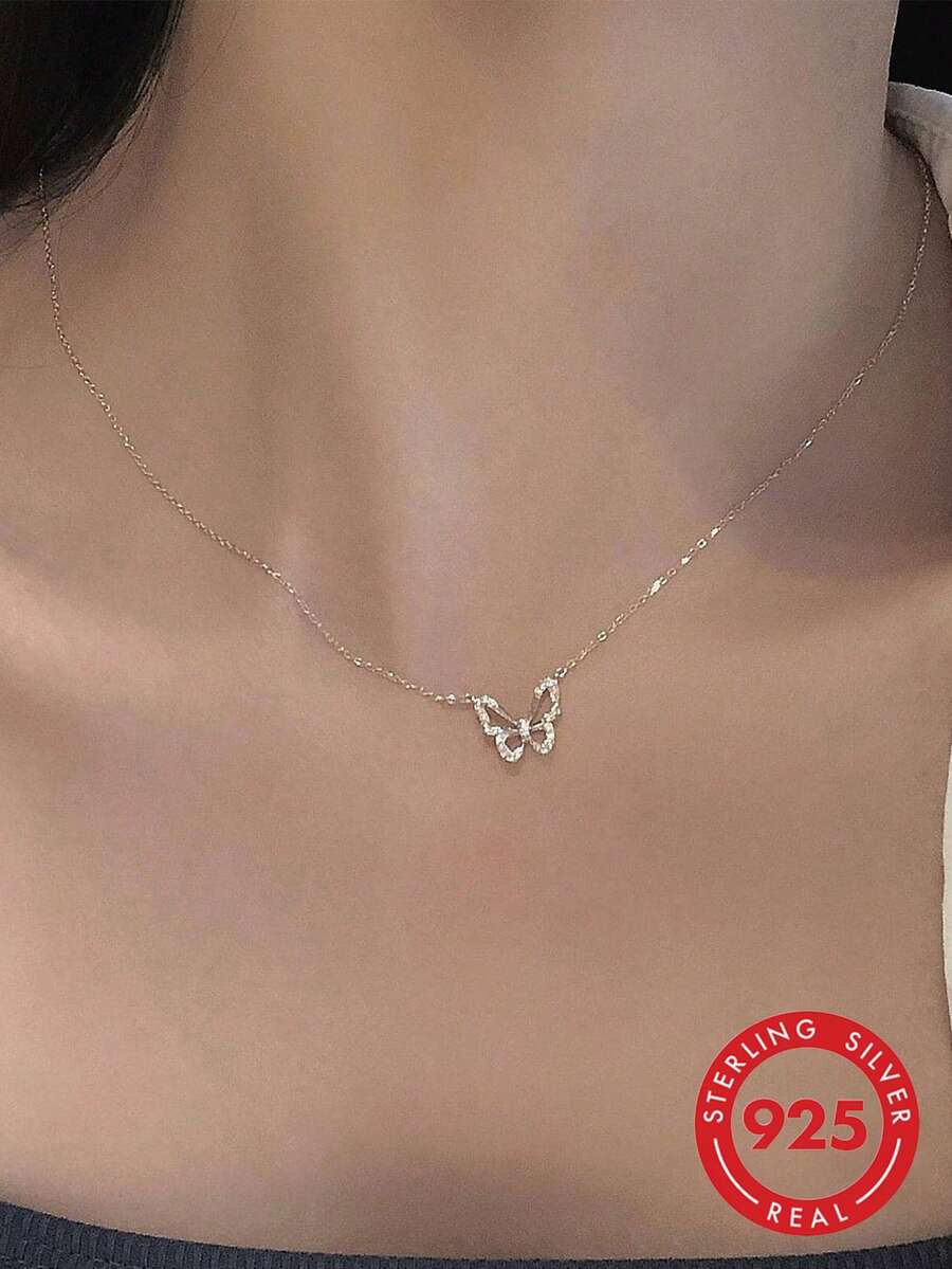 BALMORA Cubic Zirconia Butterfly Charm Sterling Silver Necklace