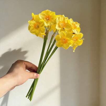 8 bông hoa thủy tiên giả bằng lụa, bó hoa buộc sẵn, thích hợp trang trí nhà cửa, sân vườn mùa xuân cho đám cưới.