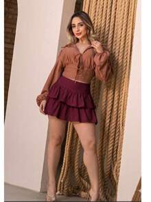 Layered Skirt Shorts With Ruffles, Tailored Fabric - 酒紅色 - 查看 5