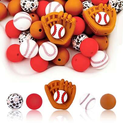 25pcs/28pcs/32pcs/33pcs Sports Themed Silicone Beads Set, Including Baseball Catcher, Football Shapes, Leopard Print Baseball Beads And Red/Brown Solid Beads, 15mm Round Beads For Jewelry Making, DIY Crafts, Decoration