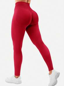 Yefecy Quần legging cạp cao ôm dáng cho nữ - Quần yoga không đường may, nâng mông, co giãn cao, màu trơn, thích hợp cho chạy bộ. - Đỏ - Xem 3