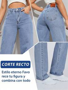 Jeans casuales de pierna recta y ajuste holgado para mujer con bolsillos, jeans rectos de moda, pierna ancha y talle alto para uso diario, cómodos elásticos y aptos para todas las estaciones - 2008 - Ver 3