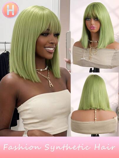 10Inch Luxury White Bob Wig With Straight Bangs - Perfect For Everyday Wear Cosplay Party Daily Wig Synthetic Fake Hair High Temperature Wig