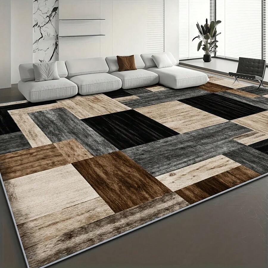 Retro Bohemian Style Soft Velvet Area Rug, Cream Gradient Brown Black Gray Plaid Pixel Elegant Atmosphere, Suitable For Living Room, Bedroom, Office - Modern Chic Home Decor Mat, Hot Selling With Discount