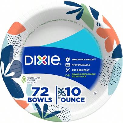 Dixie Small Paper Bowls, 10 Oz, 72 Count, Microwave-, Soak-Proof, Disposable Bowls Great Snacks, Dessert, And Light Lunch Meals