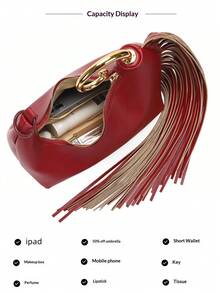 麂皮金属环手柄流苏手拿包，时尚优雅女士手提包，秋冬新款，适合派对、聚会、晚宴、婚礼、鸡尾酒会、节日、约会和闺蜜之夜等场合。 - 咖啡棕 - 查看 11