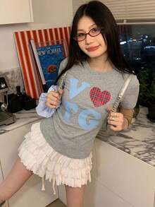 Kaos Lengan Pendek Leher Bulat Motif Hati & Huruf Kasual untuk Wanita, Musim Semi/Panas - Grey - View 2