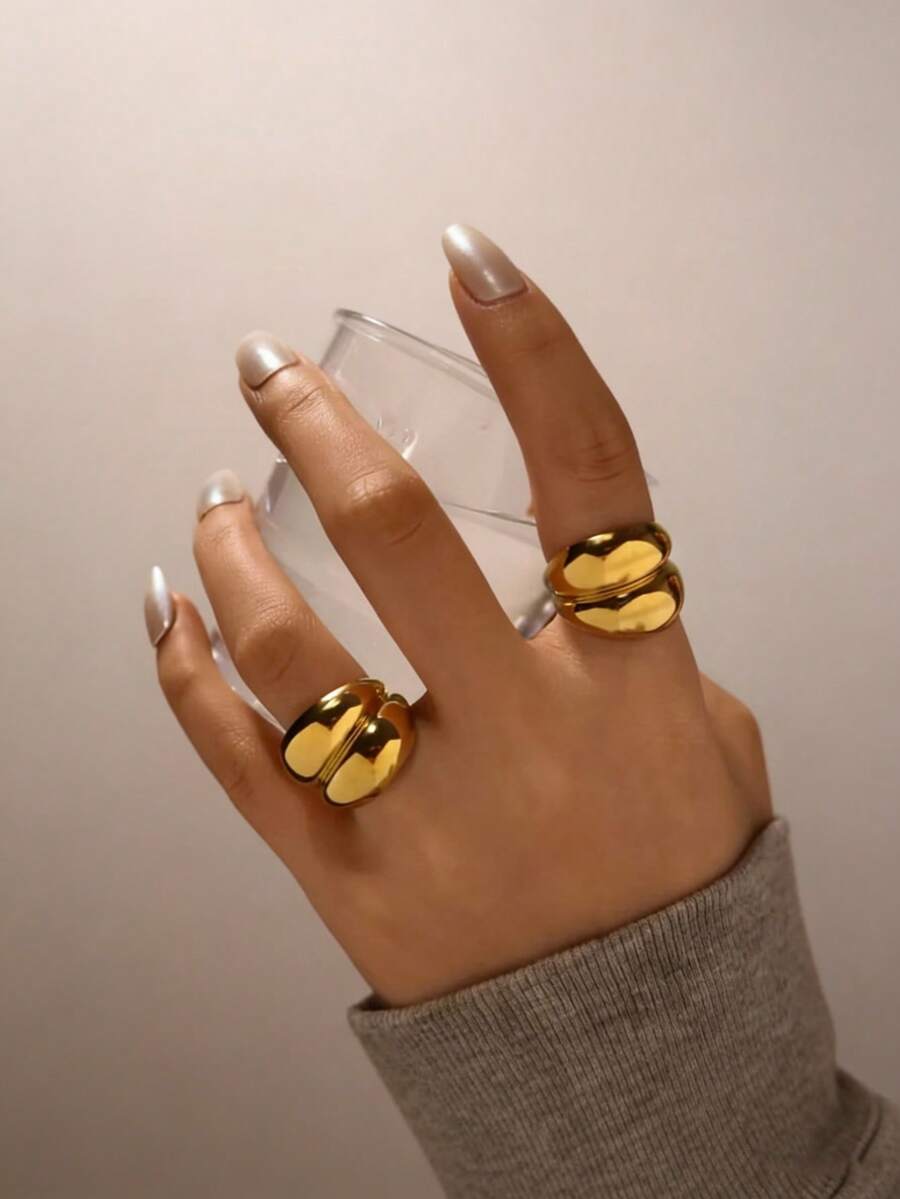 1 pieza Anillo geométrico de doble capa de acero inoxidable, con recubrimiento de PVD de oro de 18K, textura impermeable, joyería de uso diario de moda para mujeres, joyería occidental