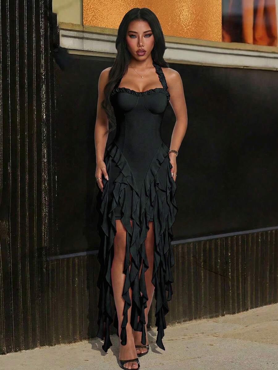 Jellyfish Ruffle Halter Sexy Dress, Graduation Gown Black Summer Party Elegant - Black - View 1