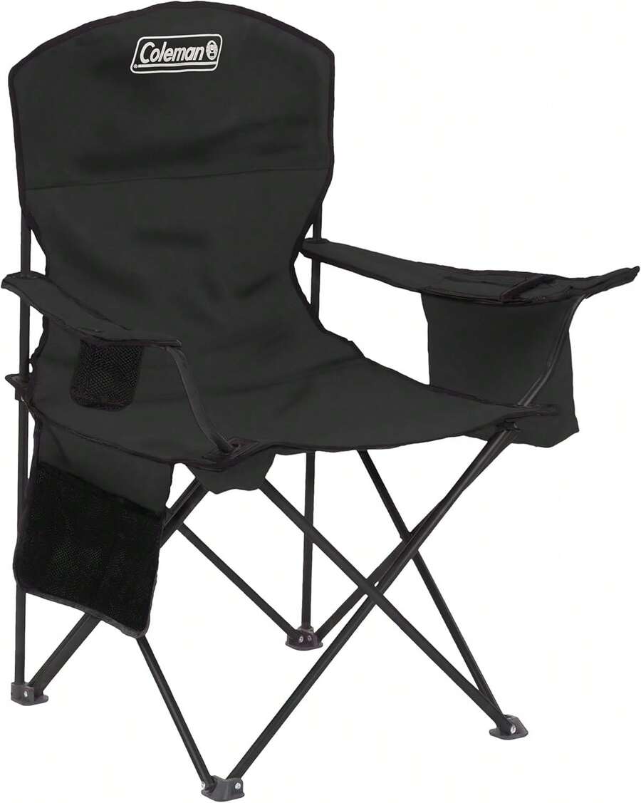 Portable Camping Chair With 4-Can Cooler, Cushioned Seat & Back With Side Pockets & Cup Holder, Carry Bag Included, Great For Camping, Tailgating, Firepits, Patio, & More - 黑色 - 查看 1