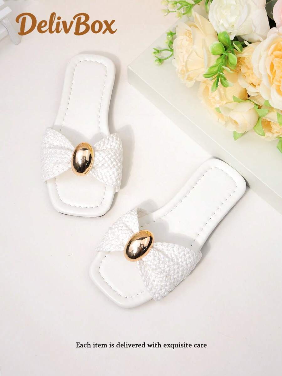 1双女童白色编织金属扣凉拖鞋，甜美公主风，夏季必备 - 白色 - 查看 1