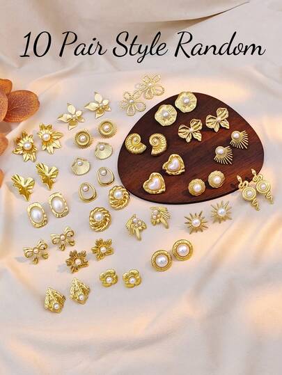 5/8/10对随机金色珍珠耳环套装，不锈钢饰品，彰显个性，花朵珍珠耳环，心形珍珠耳环，贝壳螺旋珍珠耳环，金色珍珠耳环套装，复古饰品，夏季沙滩泳装配饰，吸睛穿搭配饰，婚纱配饰 - 适合游泳、沐浴、运动