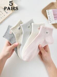 1/5 par (entrega aleatoria) Calcetines de tobillo blancos, transpirables y con diseño de corazón y lazo, lindos y dulces para mujeres - Multicolor - Ver 9