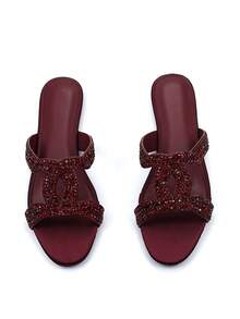 Giày sandal đế bệt nữ sang trọng, đính đá lấp lánh toàn bộ, kiểu dáng rỗng, mũi tròn, thoải mái, thích hợp cho tiệc tùng, màu đỏ rượu vang. - Màu Đỏ Sâu - Xem 1