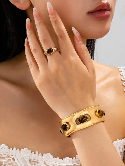 1 Set Fashionable Hollow Design Alloy Bangle & Ring Set Inlaid With Tiger's Eye (Synthetic), Suitable For Women's Daily Wear And Holiday Gifts