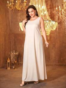 SUPGIR [Random Print] Plus Size Women Long Sleeve Reversible Waist Belt Sequin Patchwork Evening Dress Vacation Spring - Apricot - View 4