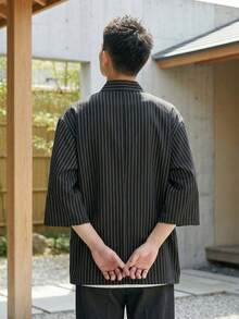 Áo sơ mi kimono nam kẻ sọc dáng rộng, áo khoác cardigan kimono tay lỡ 3/4 nhẹ, vạt mở, phong cách thường ngày dạo phố cho nam - màu đen - Xem 4
