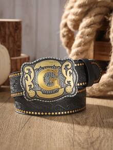 1 chiếc thắt lưng da PU dập nổi chữ cái, kiểu dáng retro miền Tây, phù hợp để phối cùng quần jeans. - màu đen - Xem 8