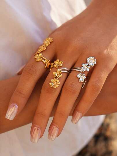 Uself 3件套/1套 18K镀金双色花环戒指，304不锈钢戒指，自然风格开口戒指，饰以精致花朵，适合女性佩戴，低致敏性，适合波西米亚风、早午餐和日常佩戴，西式珠宝