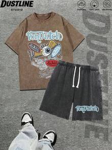 Mens Creative T Shirt And Shorts Set American Vintage Full Print Street Wear Essential T Shirt Set Men Graphic T Shirt And Shorts Set Vonn Dutch Logo Print Washed Cotton Breathable Skin Friendly Casual Outfit For Summer Outdoor Activities - 卡其色 - 查看 1
