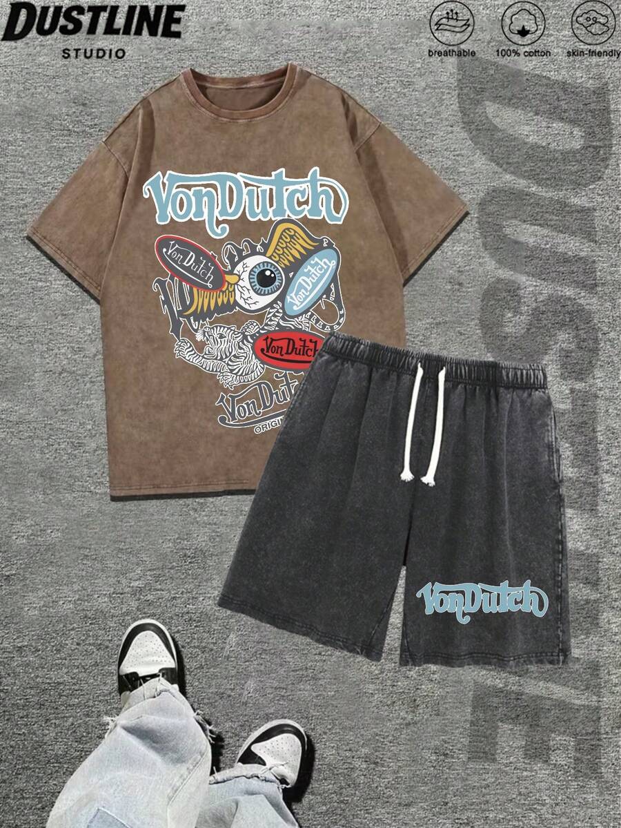 Mens Creative T Shirt And Shorts Set American Vintage Full Print Street Wear Essential T Shirt Set Men Graphic T Shirt And Shorts Set Vonn Dutch Logo Print Washed Cotton Breathable Skin Friendly Casual Outfit For Summer Outdoor Activities - 卡其色 - 查看 1