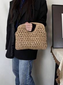 2026新款天然纤维手拿包，卡其色拉菲草手工编织夏季沙滩包，女士手工编织度假手提包 - 卡其色 - 查看 4