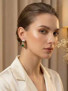 1 par de pendientes de estilo de corte vintage con gemas verdes para mujer, pendientes huecos de perla y oro retro, pendientes de botón de lujo tipo esmeralda, accesorios para vestidos de banquete - Multicolor - Ver 6
