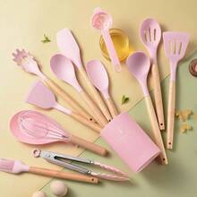 Utensilios de cocina de silicona con mango de madera, espátula, cuchara, pinzas resistentes al calor, accesorios para batidora, herramientas de cocina - Multicolor - Ver 3