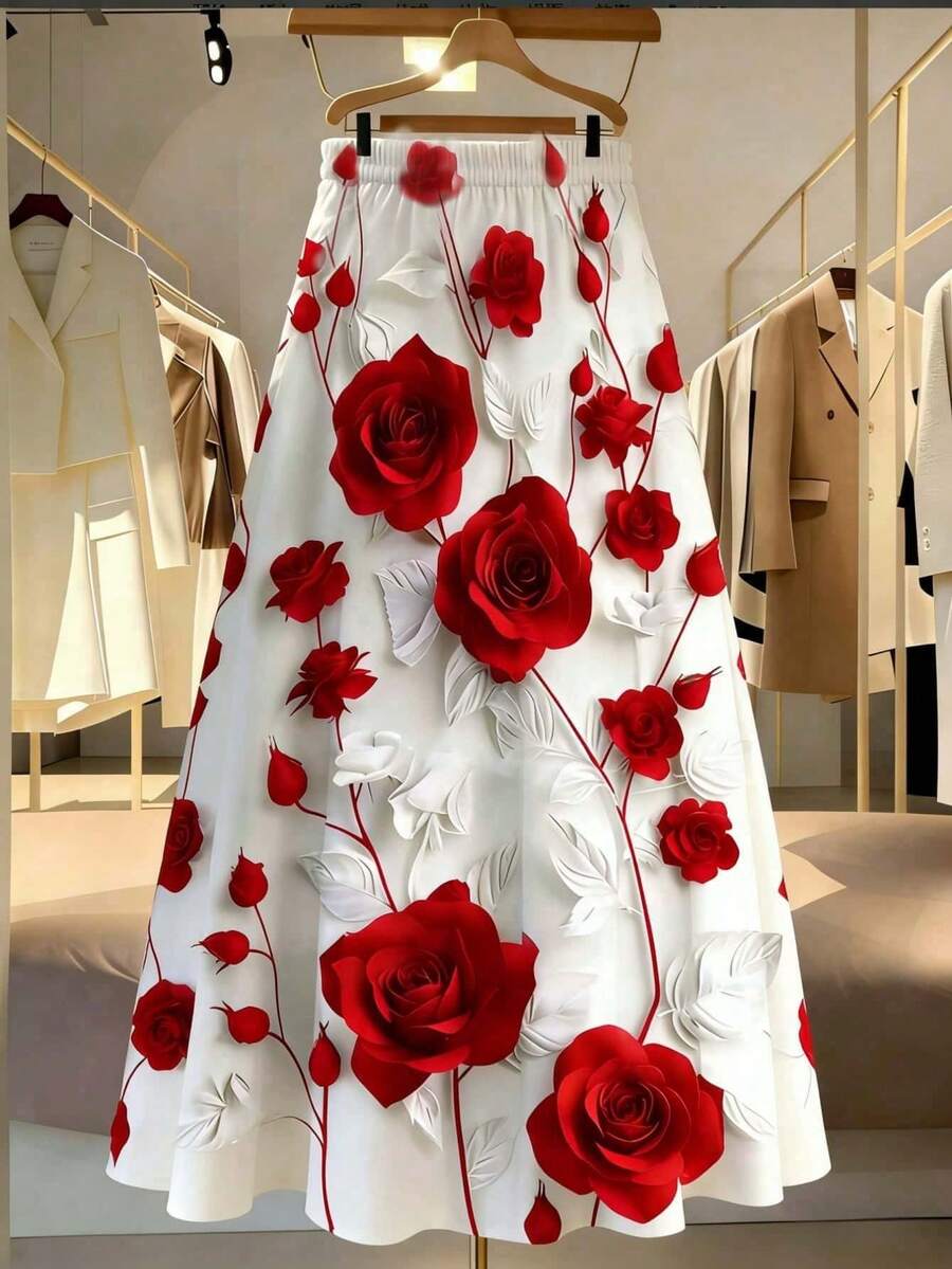 女士优雅长款喇叭裙，采用涤纶无弹力面料，饰以蓝白相间的3D立体花卉印花，适合休闲度假穿着。 - 紅色 - 查看 1