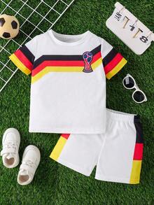 Young BoyFashion Casual Sports Football World Cup Theme Patchwork Striped Contrast Color Short Sleeve Top And Shorts Set - White - View 1