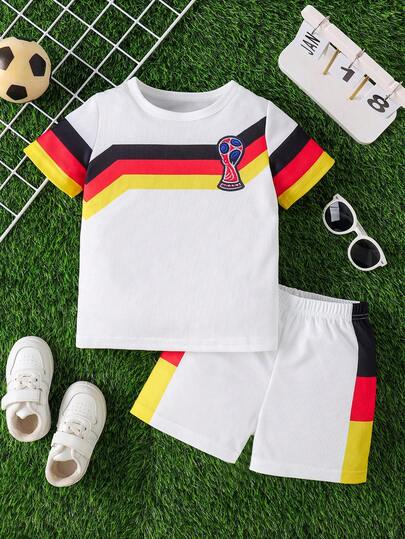 Young BoyFashion Casual Sports Football World Cup Theme Patchwork Striped Contrast Color Short Sleeve Top And Shorts Set