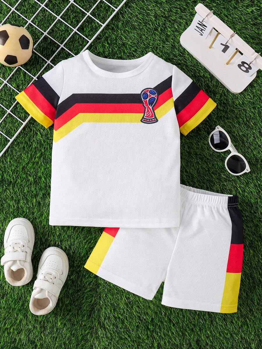 Young BoyFashion Casual Sports Football World Cup Theme Patchwork Striped Contrast Color Short Sleeve Top And Shorts Set - White - View 1