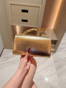 1 Stück modische Mini-Clutch mit Metalldekor, elegante glänzende Damenhandtasche mit Metallstreifen-Dekor, geeignet für Abendkleid, Party, Hochzeit, Ball, mit Metallkette, Party-Tasche, Hochzeitszubehör - Gold - Übersicht 6
