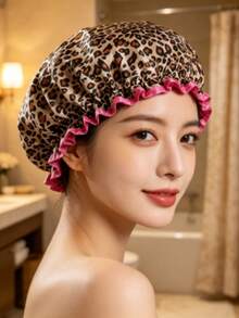 1pc Leopard Print Double-Layer Satin Sleep Cap, Suitable For Curly And Straight Hair,Summer,Beach,Hat - Multicolor - View 4