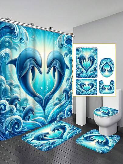 1/3/4件套双海豚爱心波浪浴室套装，家居装饰，浴室帘，浴帘套装，全套浴室用品，包括浴帘和地垫。多种尺寸浴帘可选（72英寸 x 72英寸、35.4英寸 x 72英寸、47.2英寸 x 72英寸、59英寸 x 72英寸），并有配套套装。