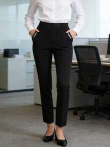 Women's Chain Pocket Casual Pants, Button Closure Business Slim Straight Leg Office OL Suit Trousers Spring Black - Black - View 3